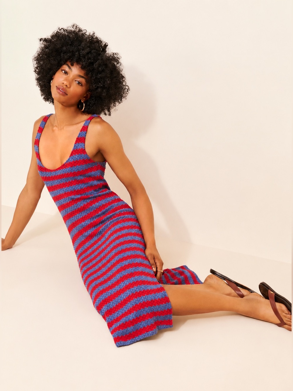 Anthropologie Celandine Stripe Knit Tank Midi Dress Red Slate Blue Medium NWT